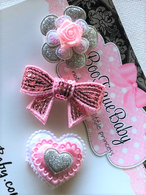 Glitter Bow and Flowers - Non Slip Hair Clips